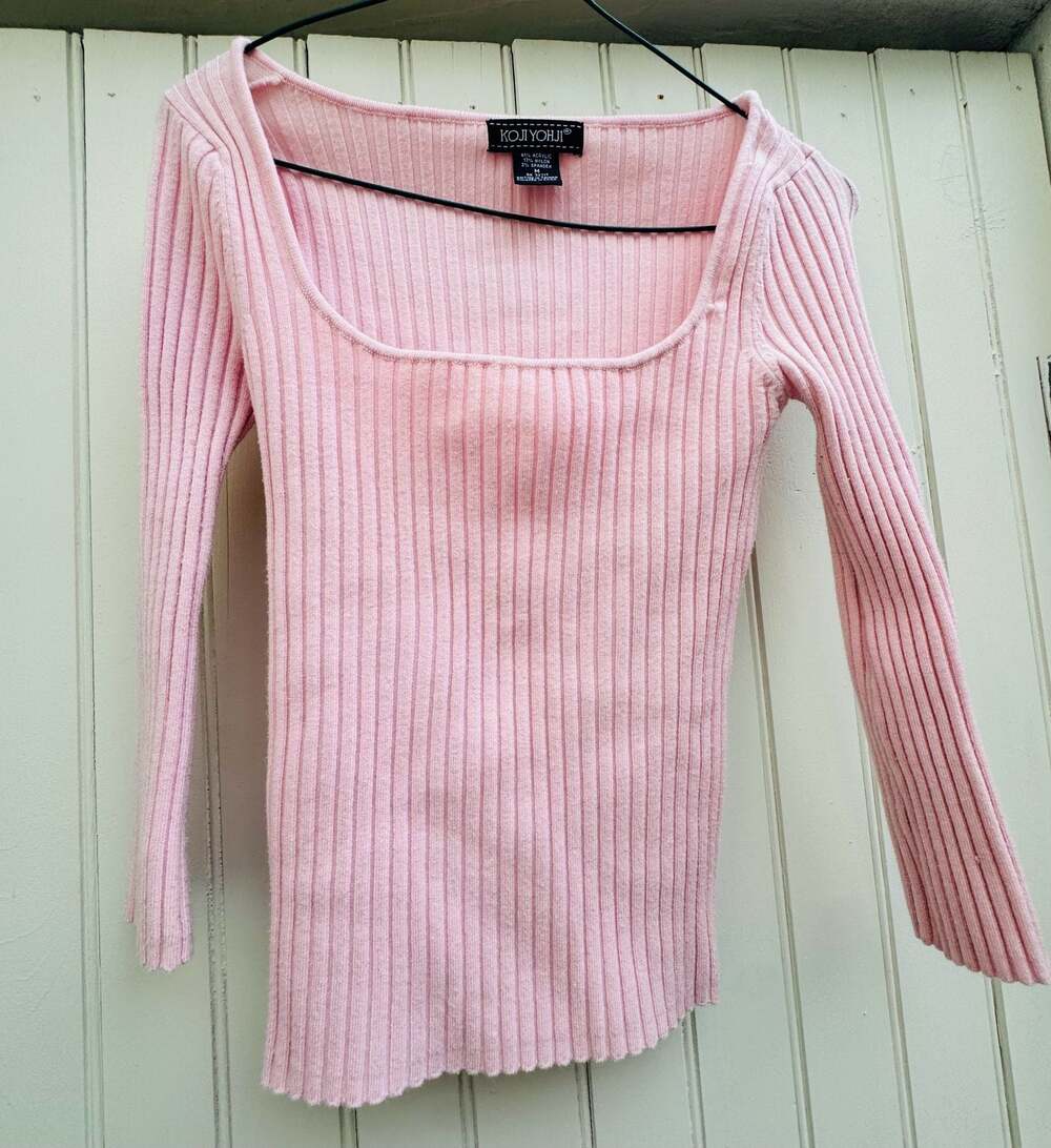 Koji Yohji Women's Ribbed Square Neck Long Sleeve Sweater Pink Size M